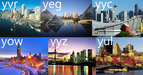 City skylines: Vancouver (YVR), Edmonton (YEG), Calgary (YYC), Ottawa (YOW), Toronto (YYZ), Montreal (YUL)