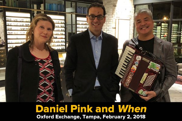 Daniel Pink with Anitra Pavka and Joey deVilla in the Oxford Exchange bookstore, Tampa, Florida, February 2, 2018.