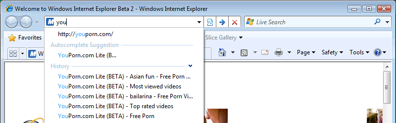 Screen capture: A user starts to type in "YouTube.com" and as "you" is formed, my "YouPorn.com" history appears.