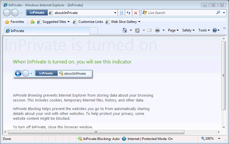 Screen Shot: A new "InPrivate Browsing" window appears