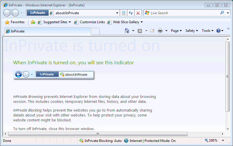 Screen Shot: A new "InPrivate Browsing" window appears Screen Shot: A new "InPrivate Browsing" window appears