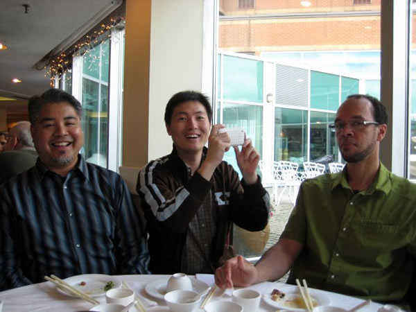 Joey deVilla, Libin Pan and Reg Braithwaite having Dim Sum at Sky Garden Restaurant