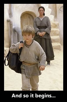 Anankin Skywalker leaves home as his mother Shmi Skywalker watches.