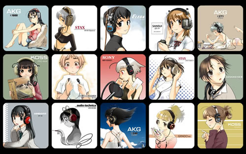 Preview image of the Anime Headphone Guide -- various anime girls modelling over-the-ear headphones.