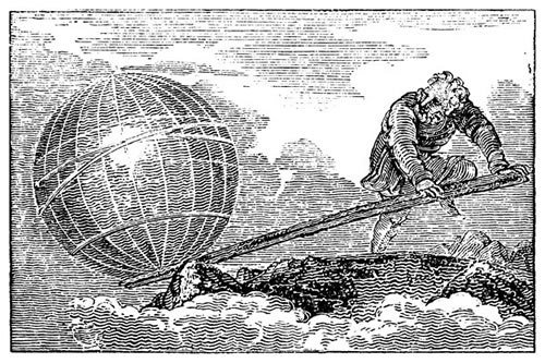 Woodcut of Archimedes and his lever moving a globe