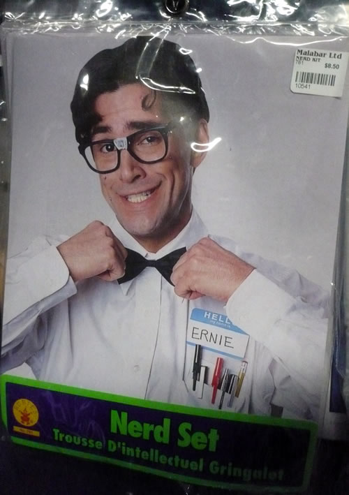Nerd cosutme kit, featuring glasses, bow tie, "Hello my name is" sticker and pocket protector Nerd cosutme kit, featuring glasses, bow tie, "Hello my name is" sticker and pocket protector