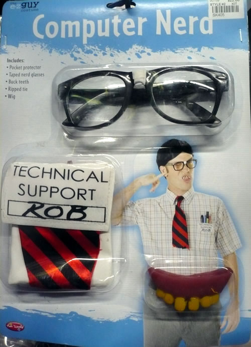 Nerd costume kit, featuring glasses, "Dilbert" style tie, tech support ID badge and pocket protector Nerd costume kit, featuring glasses, "Dilbert" style tie, tech support ID badge and pocket protector