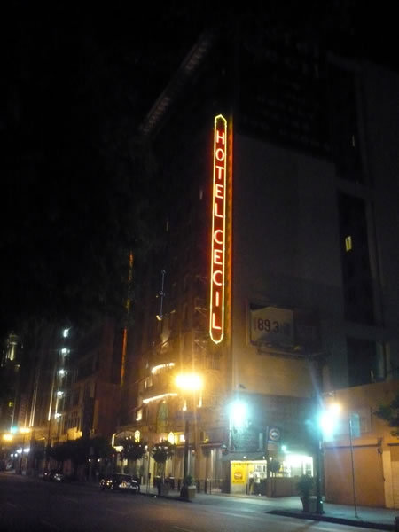 Night shot of the Cecil Hotel