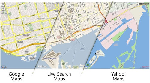 Seamless stitched-together map of Toronto, with the left third rendered by Google Maps, the middle third rendered by Live Search Maps and the right third rendered by Yahoo! Maps