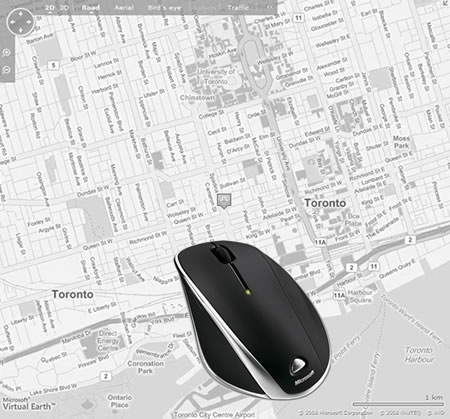 Microsoft Laser Mouse 7000 superimposed over a Live map of Toronto