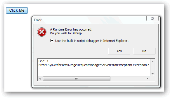 Screen capture of resulting error message from original "Teach Yourself ASP.NET Ajax in 24 Hours" application