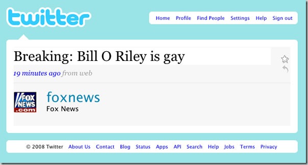Screenshot of FOX News Twitter account: "Breaking: Bill O Riley is gay"