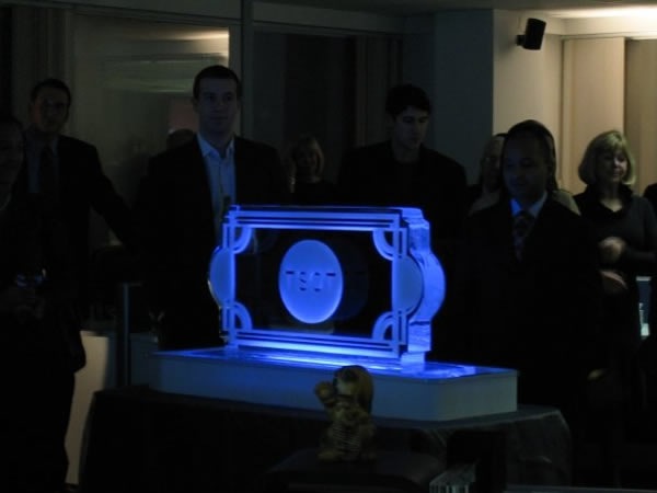 The ice sculpture at the office-warming party.