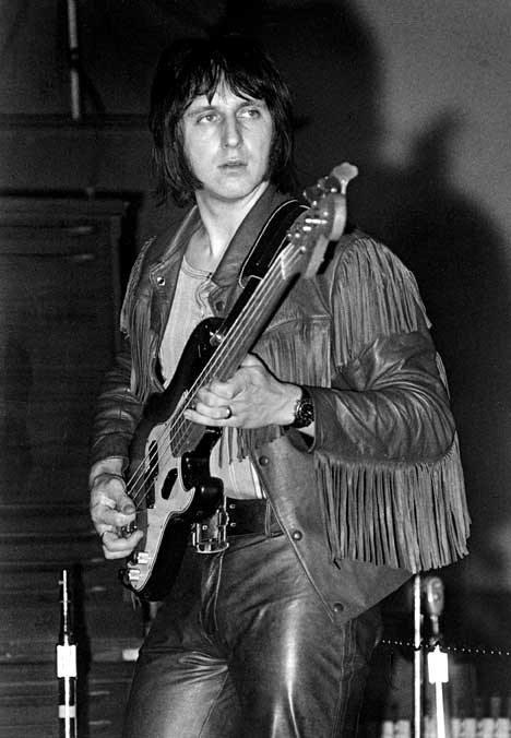 Black and white photo of Jon "The Ox" Enwistle of the Who in their earlier days
