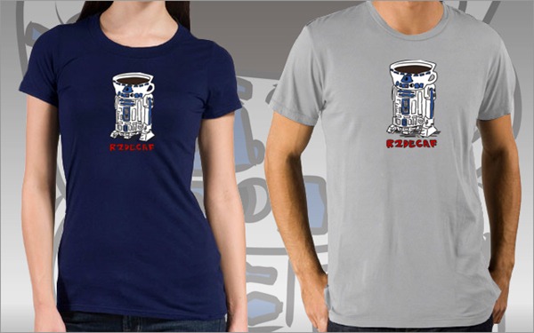 Blue and grey "R2Decaf" t-shirts