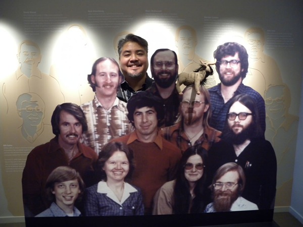 Joey deVilla, his stuffed gnu and a cardboard cutout of Microsoft's founders