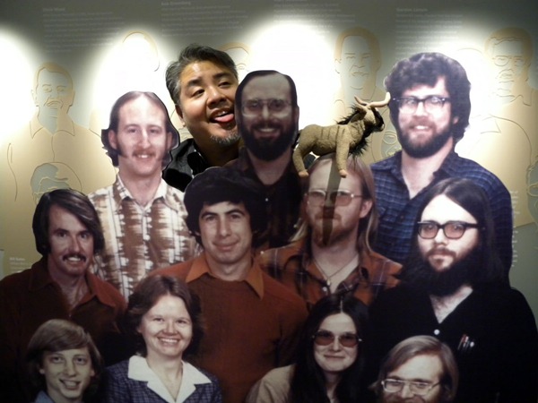 Joey deVilla, his stuffed gnu and a cardboard cutout of Microsoft's founders