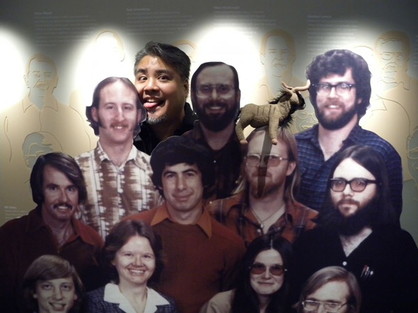 Joey deVilla, his stuffed gnu and a cardboard cutout of Microsoft's founders