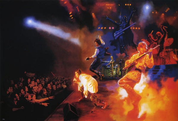 A rock concert featuring Princess Leia on Vocals, Han Solo and Luke Skywalker on guitar, Darth Vader on bass and Chewbacca on drums