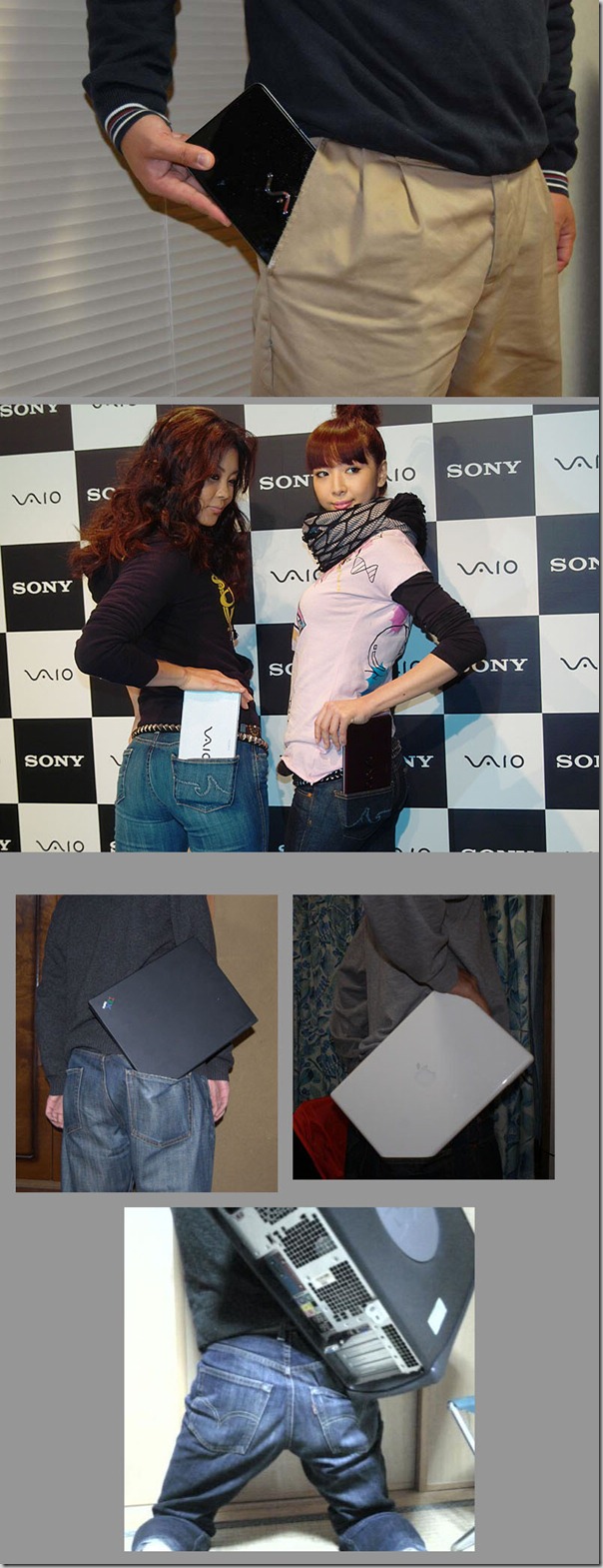 Photo of various people putting computers of various sizes (from tiny netbooks to full-sized desktops) in the pockets.