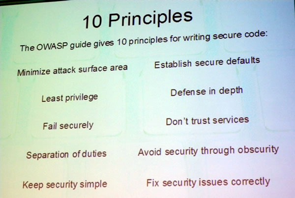 "10 Principles" slide from Leigh Honeywell's security presentation at MeshU 2009