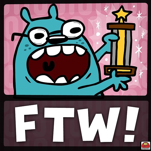 "Goopymart" comic of a dog holding a trophy: "FTW!"