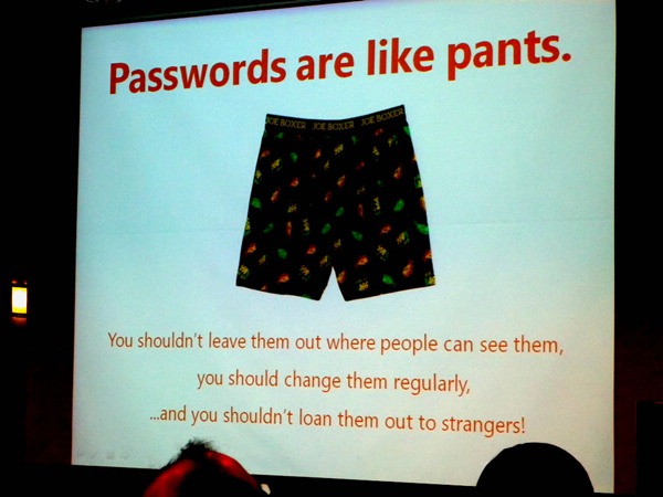 Slide: Passwords are like pants (with picture of boxer shorts): You shouldn't leave them out where people can see them, you should change them regularly and you shouldn't loan them out to strangers!