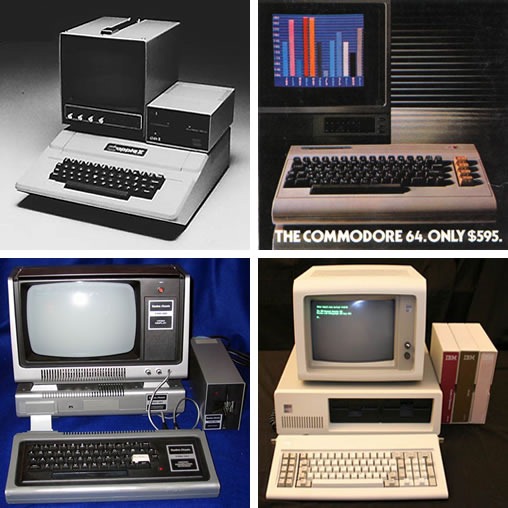 80s-era computers: Apple ][, Commodore 64, TRS-80 and IBM PC