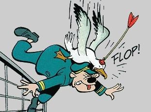 Albatross, shot with a sucker-dart arrow, falls on the head of a Disney-esque cartoon character