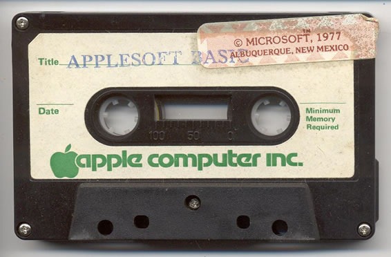 An Applesoft BASIC cassette featuring a sticker that says "Copyright Microsoft, 1977"