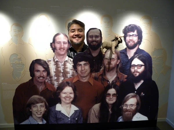 Joey deVilla with cardboard cutouts of Microsoft's 1978 team