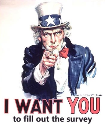 Modified "Uncle Sam" poster: "I want YOU...to fill out the survey"