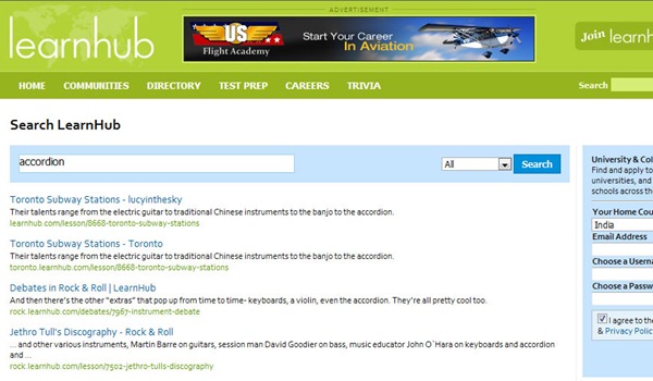 LearnHub search results page for the search term "accordion"