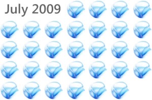 July 2009 calendar showing each date as a Silverlight logo