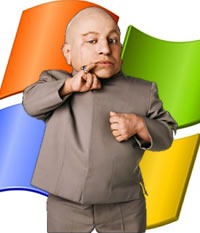 "Mini-me" in front of a Windows logo