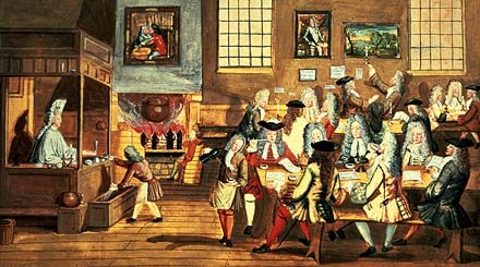 Painting of the goings-on in a coffeehouse in Old London