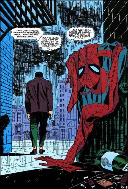 Peter Parker in an alley, walking away from the Spider-Man costume he just dumped in the trash
