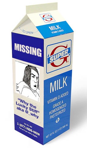 Milk carton with drawing of _why in the 'missing child' picture