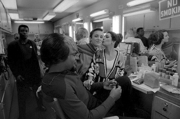 LeVar Burton ("Geordi LaForge"), Michael Dorn ("Worf"), Wil Wheaton ("Wesley Crusher") and Marina Sirtis ("Deanna Troi") in the dressing room