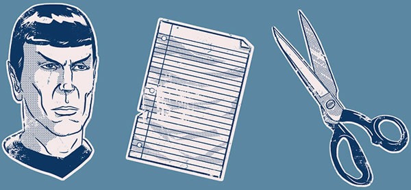 Close-up of the design: hand-drawn illustrations of Mr. Spock, a sheet of line 3-hole paper and a pair of scissors