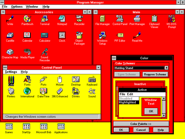 Windows 3.1, as seen using the garish yellow and red "Hot Dog Stand" colour scheme