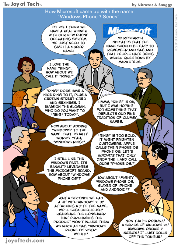 "Joy of Tech" comic illustrating the meeting that led to the name "Windows Phone 7 Series"