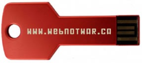 Red key-shaped USB key with "www.webnotwar.ca" written on it