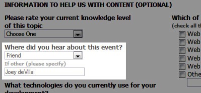 Close-up view of Make Web Not War registration form, highlighting the "Where did you hear about this event?" question