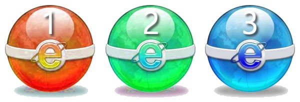A red, green and blue "Pokeball", each with the IE logo on it A red, green and blue "Pokeball", each with the IE logo on it
