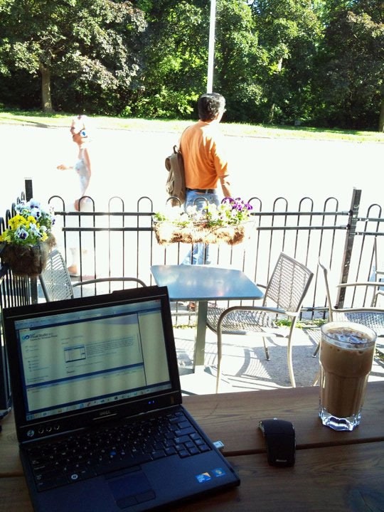 View from the bar at Cafe Novo, looking out onto the patio and High Park