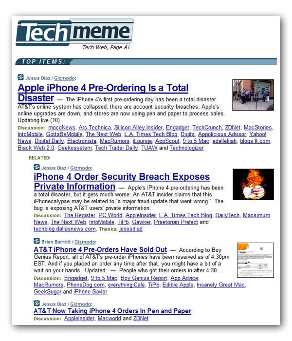 Techmeme screenshot featuring 4 Gizmodo stories: "Apple iPhone 4 Pre-Ordering is a Total Disaster", iPhone 4 Order Security Breach Exposes Private Information", "AT&T iPhone Pre-Orders Have Sold Out", "AT&T Now Taking iPhone Orders in Pen and Paper"