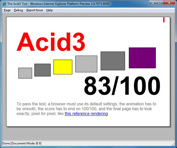 Acid3 test result screen for IE9 Platform Preview 3: 83/100