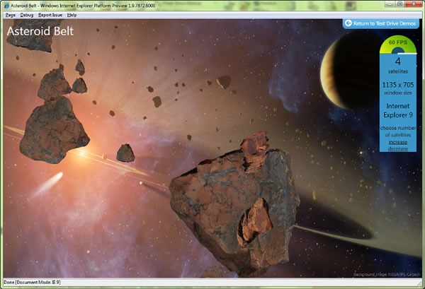 Screenshot of the IE9 "Asteroid Belt" demo