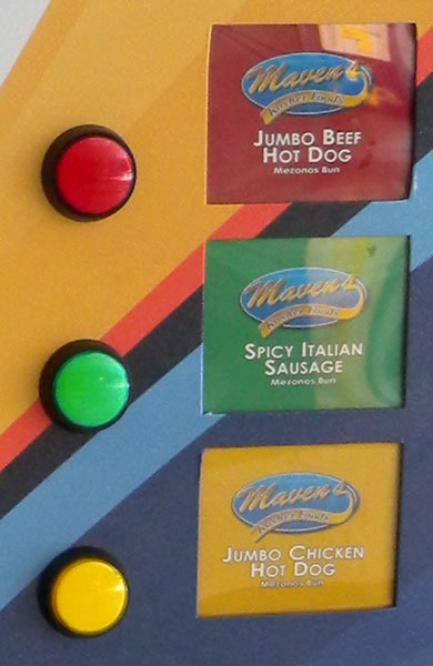 3 buttons: "Jumbo beef hot dog", "Spicy Italian sausage" and "Jumbo chicken hot dog"